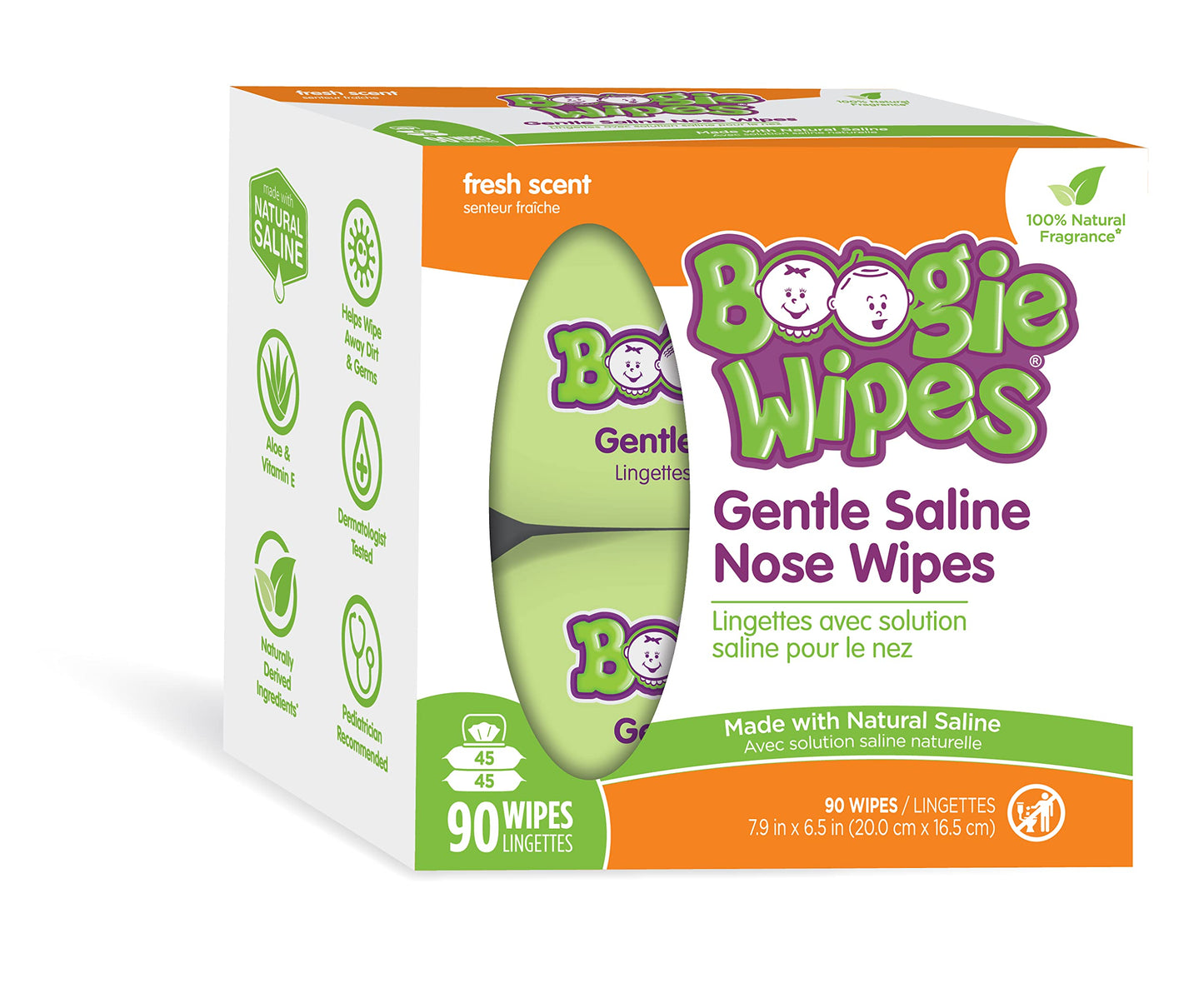 Saline Nose Wipes by Boogie, for Baby & Kids, Face, Hand & Body, FSA/HSA Eligible, Made with Vitamin E, Aloe, and Natural Saline, Fresh Scent, 30 Count (Pack of 12)