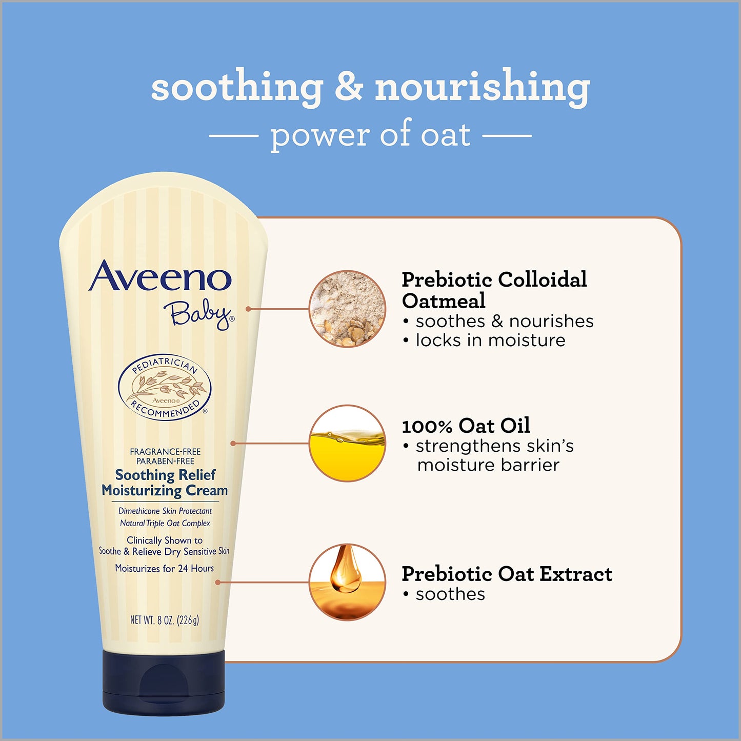 Aveeno Baby Soothing Relief Moisturizing Cream with Natural Oat Complex & Dimethicone, Hypoallergenic Baby Cream to Soothe & Relieve Dry, Sensitive Skin, Fragrance- & Paraben-Free, 8 oz