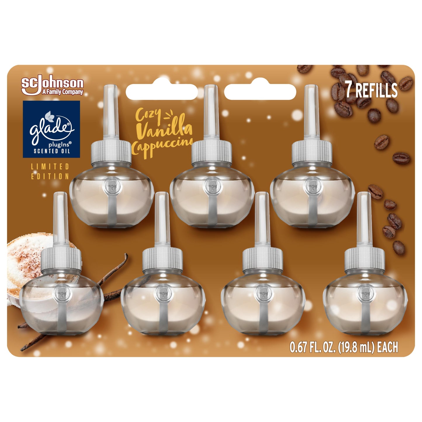 Glade PlugIns Refills Air Freshener, Scented and Essential Oils for Home and Bathroom, Cozy Vanilla Cappuccino, Limited Edition Scent, 4.69 Fl Oz, 7 Count