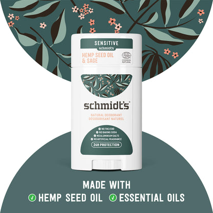 Schmidt's Aluminum Free Natural Deodorant for Women and Men, Hemp Seed Oil and Sage for Sensitive Skin with 24 Hour Odor Protection, Certified Cruelty Free, Vegan Deodorant, 3.25 oz,vetiver,sage,WHITE