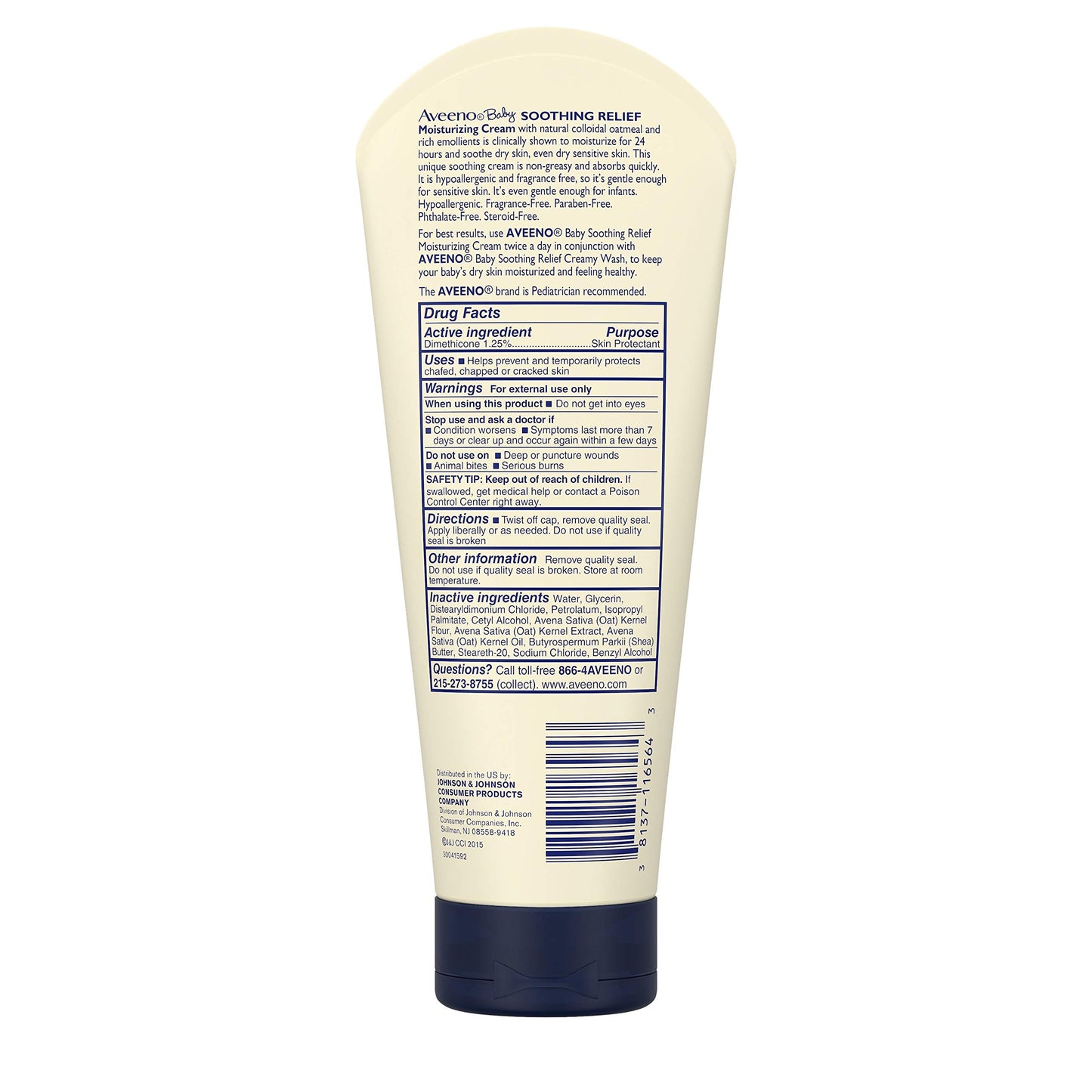 Aveeno Baby Soothing Relief Moisturizing Cream with Natural Oat Complex & Dimethicone, Hypoallergenic Baby Cream to Soothe & Relieve Dry, Sensitive Skin, Fragrance- & Paraben-Free, 8 oz