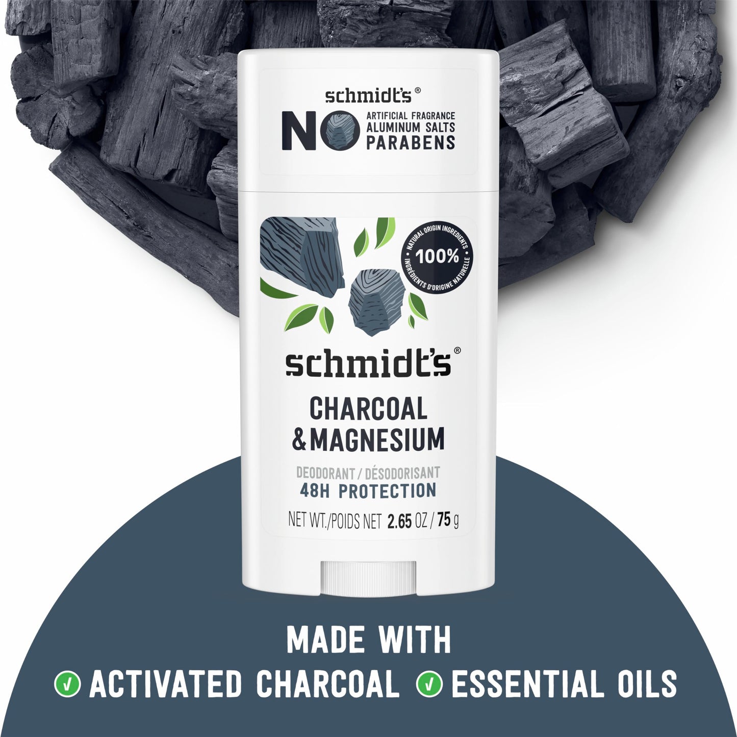 Schmidt's Aluminum-Free Vegan Deodorant Charcoal & Magnesium with 48 Hour Odor Protection, for Women and Men, Natural Ingredients, Cruelty-Free, 2.65 oz