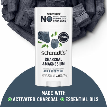 Schmidt's Aluminum-Free Vegan Deodorant Charcoal & Magnesium with 48 Hour Odor Protection, for Women and Men, Natural Ingredients, Cruelty-Free, 2.65 oz