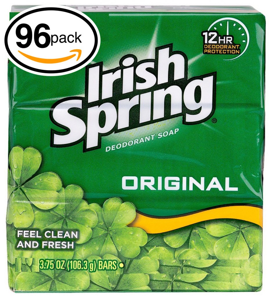(PACK OF 96 BARS) Irish Spring ORIGINAL SCENT Bar Soap for Men & Women. 12-HOUR ODOR / DEODORANT PROTECTION! For Healthy Feeling Skin. Great for Hands, Face & Body! (96 Bars, 3.75oz Each Bar)