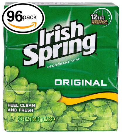 (PACK OF 96 BARS) Irish Spring ORIGINAL SCENT Bar Soap for Men & Women. 12-HOUR ODOR / DEODORANT PROTECTION! For Healthy Feeling Skin. Great for Hands, Face & Body! (96 Bars, 3.75oz Each Bar)
