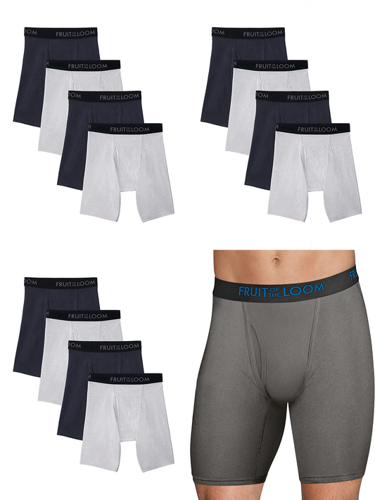 Fruit of the Loom Men's Long Leg Boxer Briefs 12-Pack Breathable Cotton Micro-Mesh XL