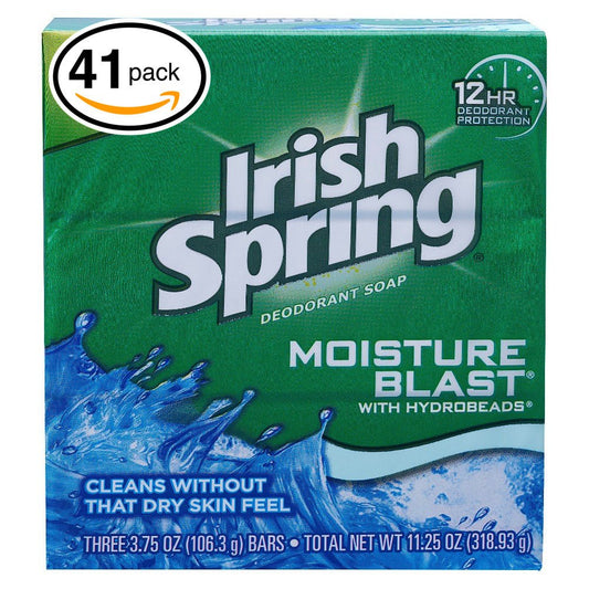 (PACK OF 41 BARS) Irish Spring MOISTURE BLAST SCENT Bar Soap for Men & Women. 12-HOUR ODOR/DEODORANT PROTECTION! For Healthy Feeling Skin. Great for Hands, Face & Body! (41 Bars, 3.75oz Each Bar)