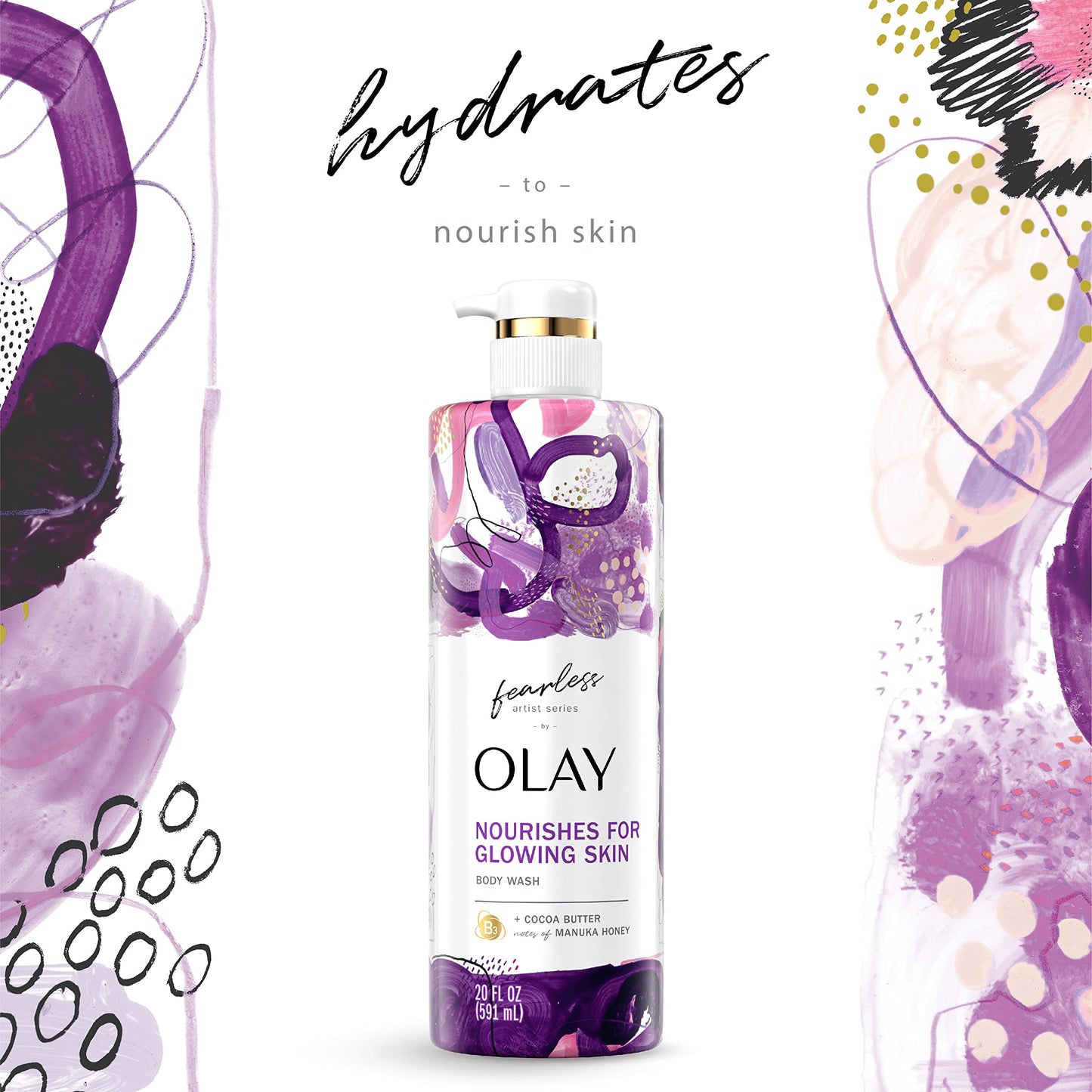 Olay Fearless Moisturizing Body Wash for Women with Cocoa Butter and Notes of Manuka Honey Artist Series 20 fl oz (Pack of 4)