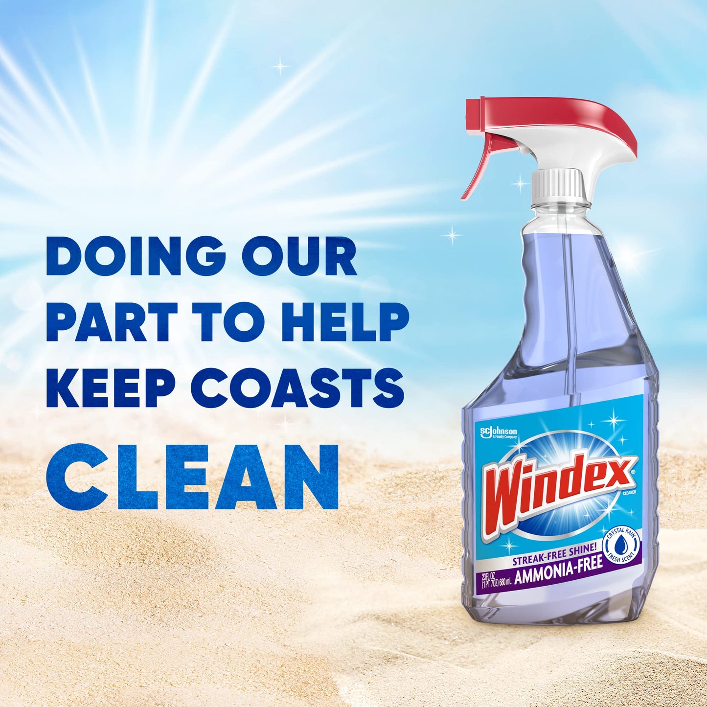 Windex Glass and Window Cleaner Spray Bottle, Ammonia Free, Bottle Made from 100% Recovered Coastal Plastic, Surface Cleaning Spray, Crystal Rain Scent, 32 Fl Oz