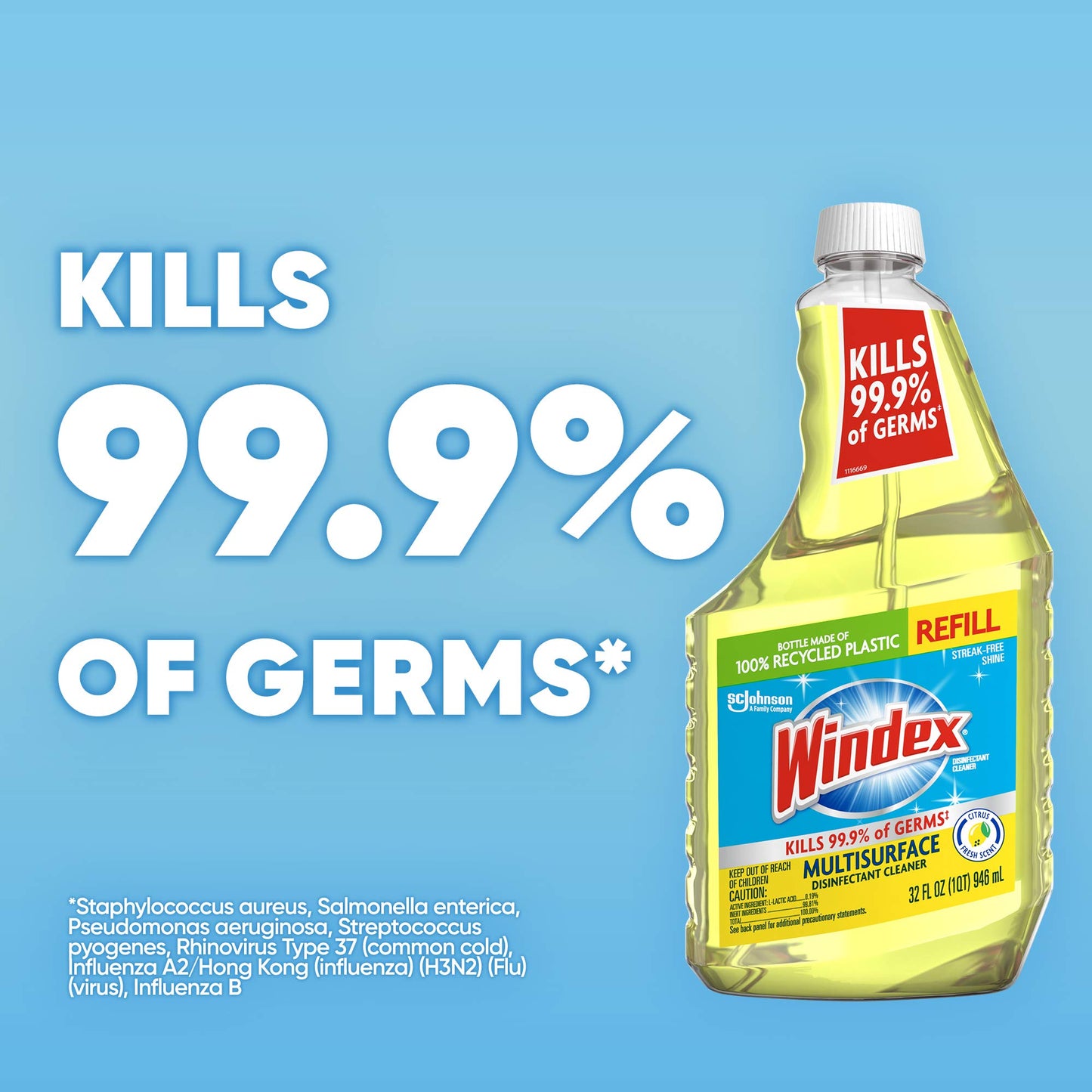 Windex Refill Multipurpose Cleaner Disinfectant Spray, Bottle Made from 100% Recycled Plastic, Surface Cleaning Spray, Citrus Fresh Scent, 32 Fl Oz