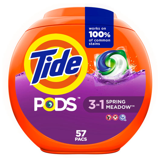 Tide PODS Laundry Detergent Soap Pacs, HE Compatible, 57 ct, Powerful 3-in-1 Clean, Spring Meadow