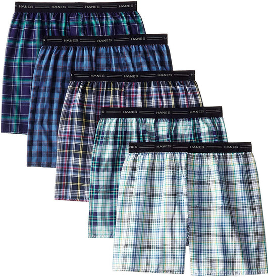 Hanes Men's 5-Pack Woven Exposed Waistband Boxers (Fashion Plaid, Medium)