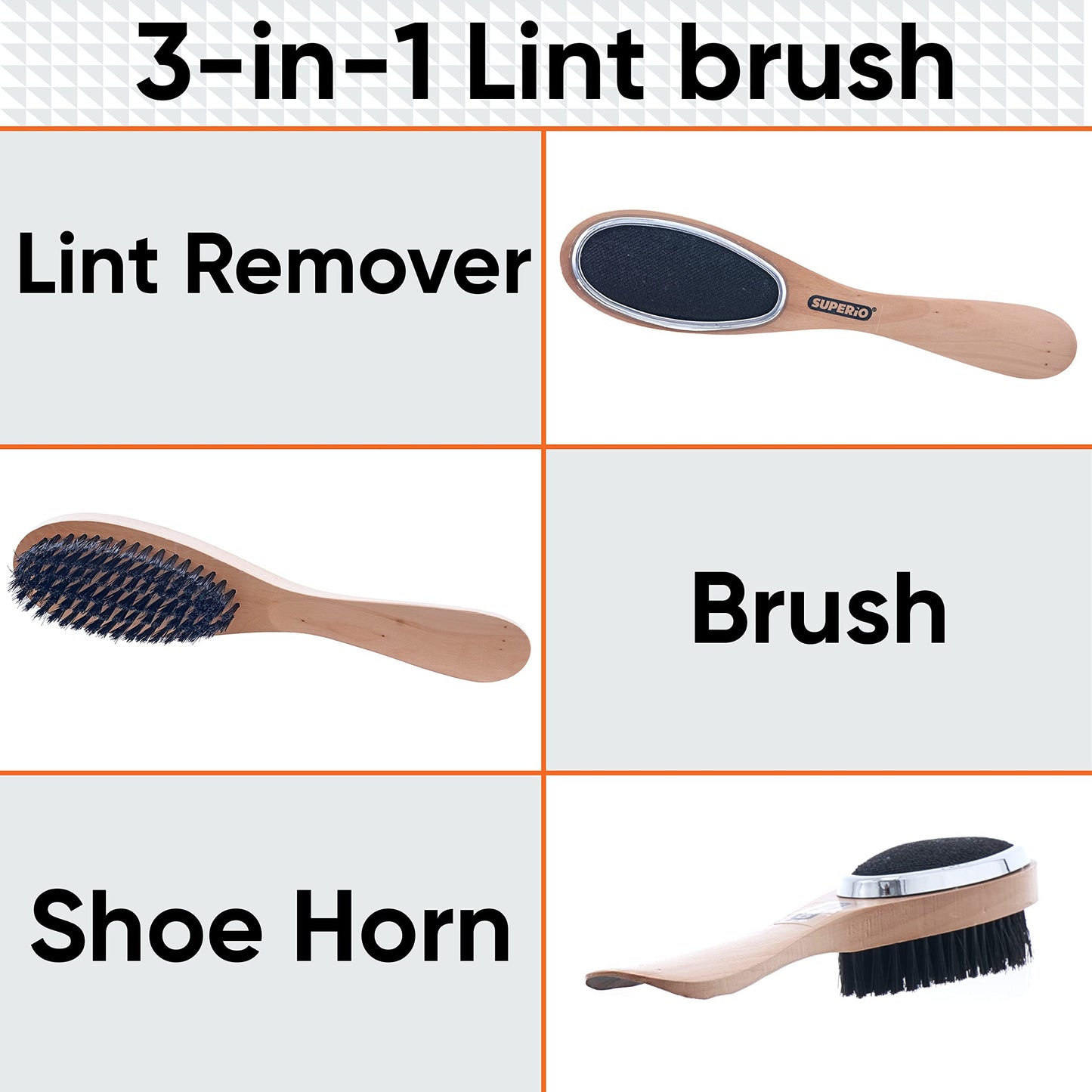Superio 3 in 1 Lint Brush and Shoe Horn for Suit, Wool Coat, Sweaters, Shoes - Double Sided Portable Pet Hair Remover with Wood Handle