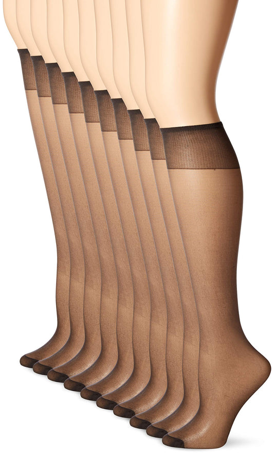L'eggs Women's 10 Pair Everyday Reinforced Toe Knee Highs, Off Black, One Size