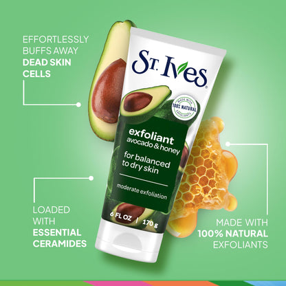 St. Ives Soft Skin Face Scrub, Avocado & Honey Moderate Exfoliator For Soft, Smooth Skin, Oil-free Facial Scrub Made with 100% Natural Exfoliants, 6 oz, 6 Pack