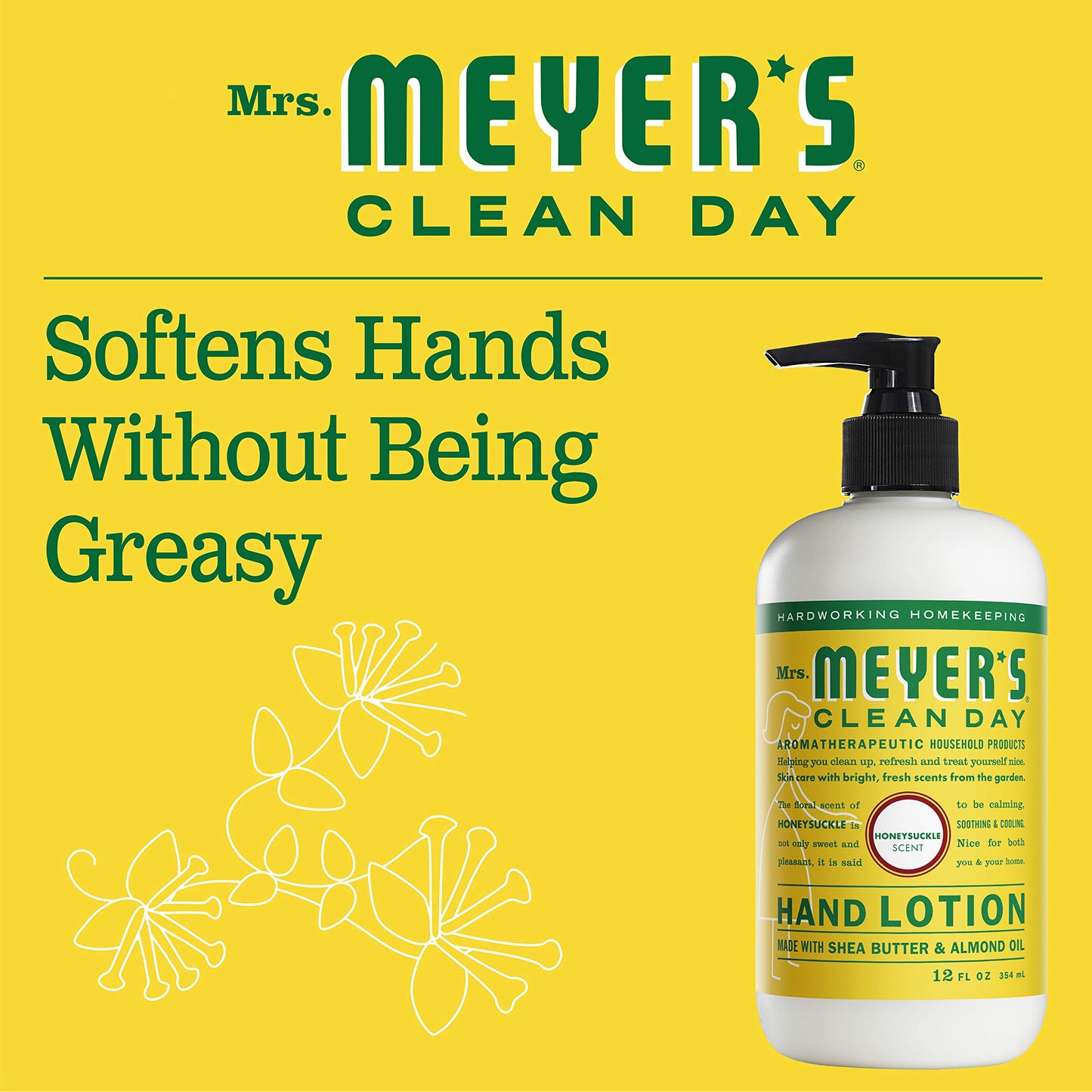MRS. MEYER'S CLEAN DAY Hand Lotion for Dry Hands, Non-Greasy Moisturizer Made with Essential Oils, Honeysuckle, 12 oz
