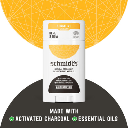 Schmidt's Aluminum Free Natural Deodorant for Women and Men, Here + Now for Sensitive Skin with 24 Hour Odor Protection, Certified Cruelty Free, Vegan Deodorant,3.25 Ounce (Pack of 3)