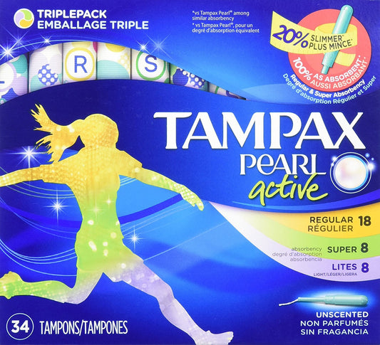 Tampax Pearl Active Tampons with Plastic Applicator Triple LightRegularSuper Absorbency Unscented, Multicolor, 34 Count