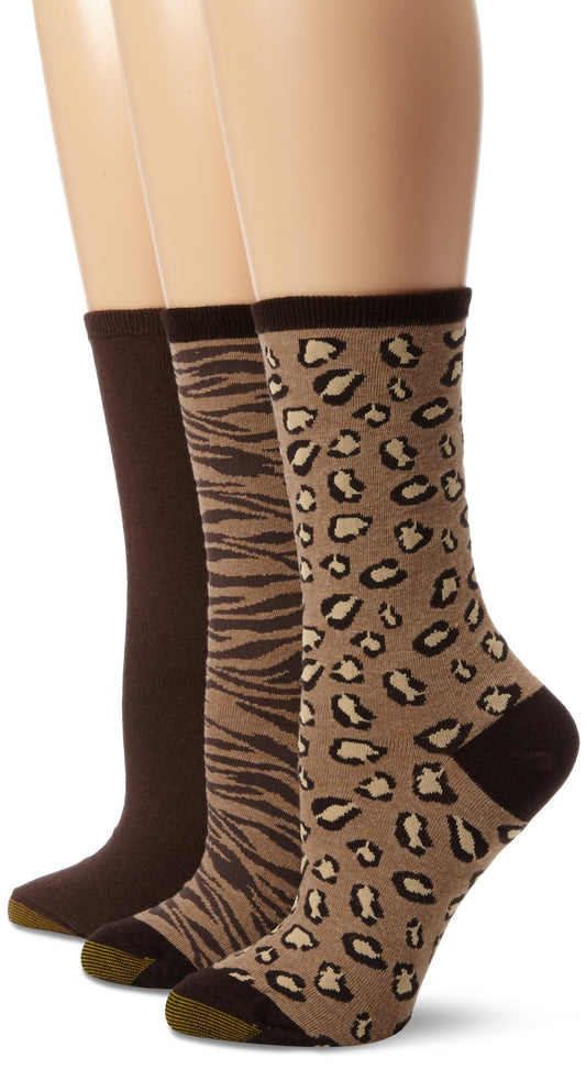 Gold Toe Women's Animal Print 3 Pair Fashion Pack Dress Socks, Chocolate/Brown/Chocolate, 9-11