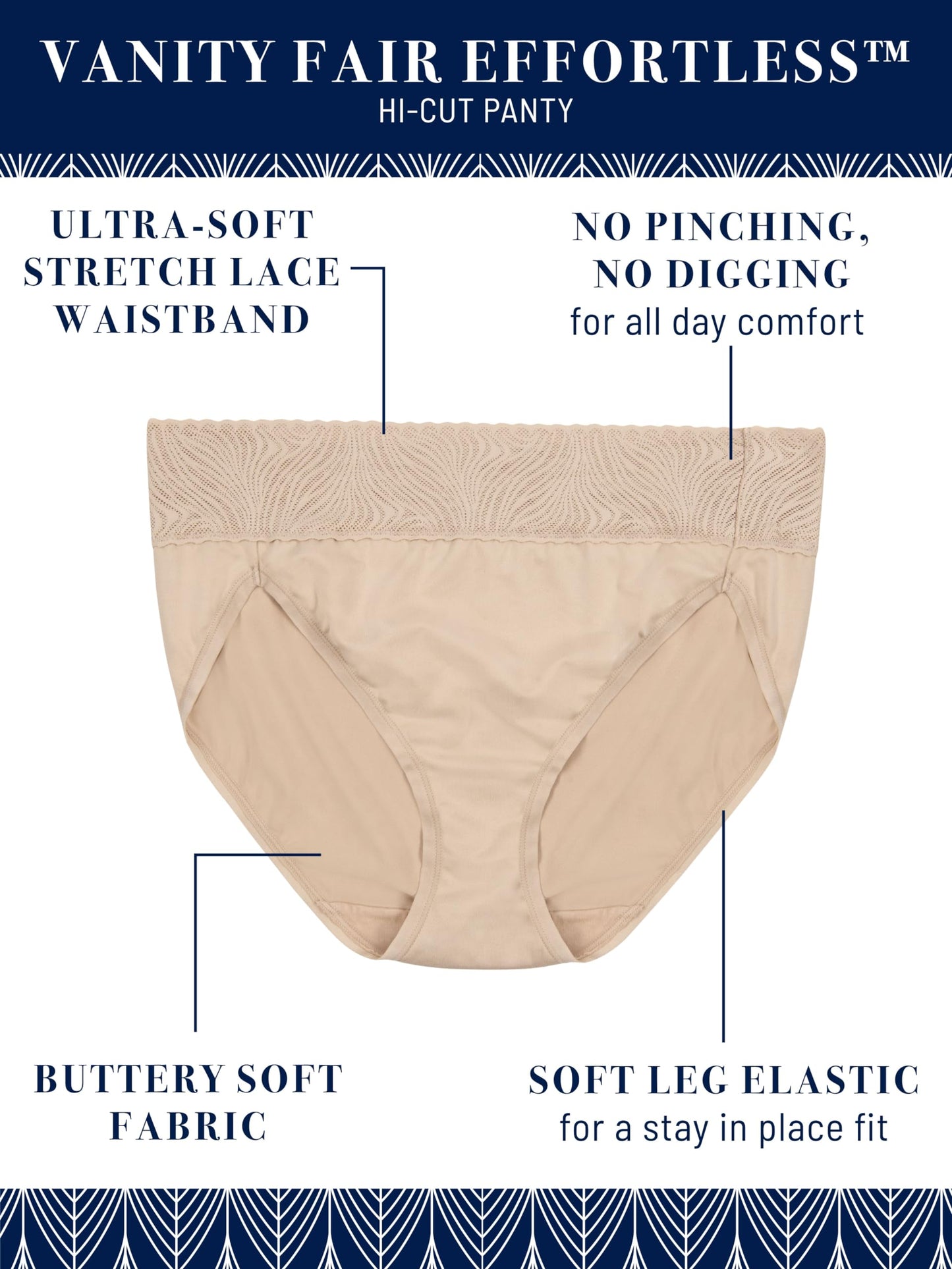 Vanity Fair Women's Effortless Panties for Everyday Wear, Buttery Soft Fabric & Lace, Hi Cut-3 Pack-Black