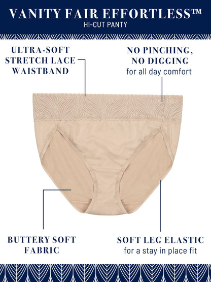Vanity Fair Women's Effortless Panties for Everyday Wear, Buttery Soft Fabric & Lace, Hi Cut-3 Pack-Black