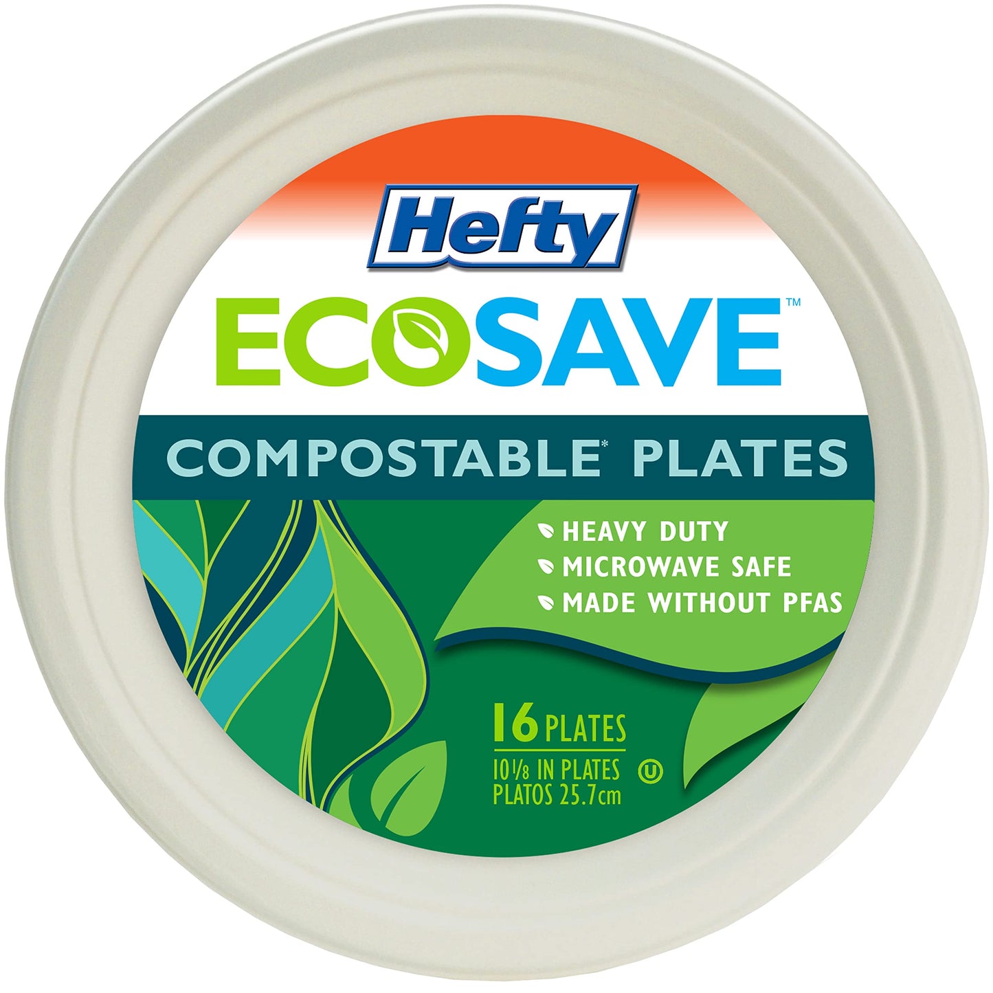 Hefty EcoSave Disposable Plates, Made from Plant Based Materials, Heavy Duty Paper Plates, 10 ⅛ Inch Disposable Plates (16 Count, Pack of 4)