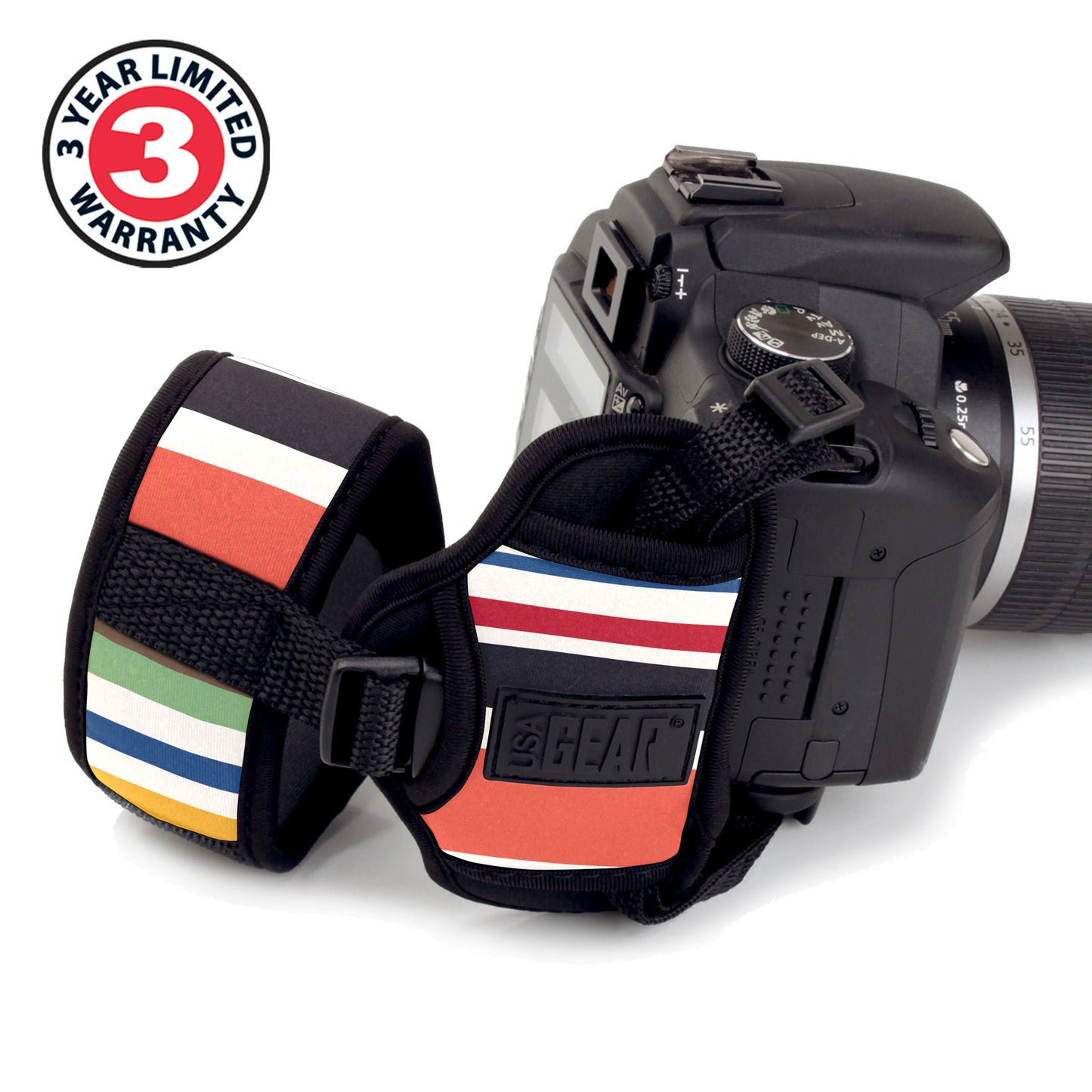 USA GEAR DualGRIP Professional Grip Camera Hand Strap with Neoprene Design and Metal Plate - Compatible with Canon, Fujifilm, Nikon, Sony, and More DSLR, Mirrorless, Point & Shoot Cameras (Striped)