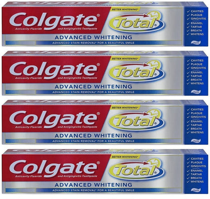 (PACK OF 4 TUBES, 32oz TOTAL) Colgate Total ADVANCED WHITENING Toothpaste. Whitens Teeth & Removes Surface Stains with Advanced Whitening Ingredients! (Pack of 4 Tubes, 8.0oz each Tube)