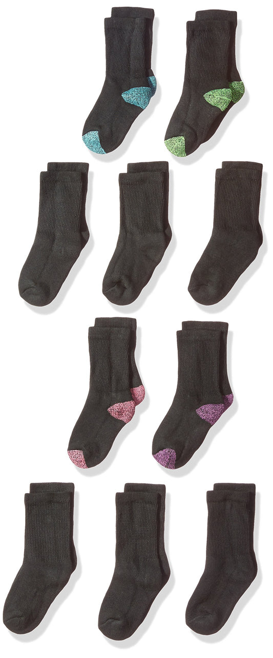Fruit of the Loom Girls' Little Crew Socks (10 Pairs), Black/Pink/Green/Blue/Purple, Small (Shoe Size: 6-10.5)