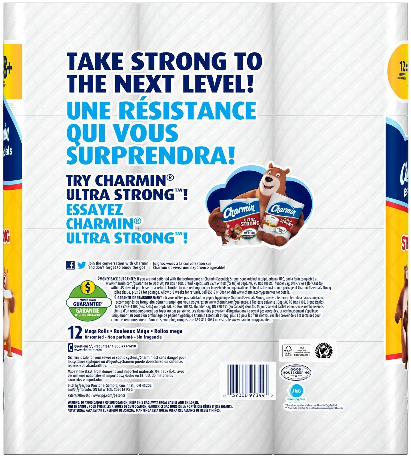 Charmin Essentials Strong Toilet Paper, Bath Tissue, Mega Roll, 12 Count