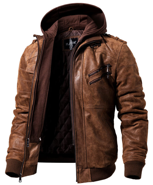 FLAVOR Men Leather Motorcycle Jacket With Removable Hood Brown Pigskin (XL Tall, Brown)