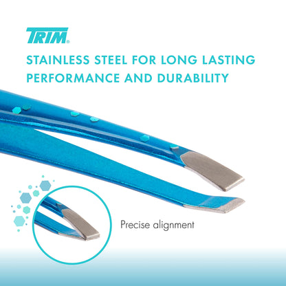TRIM Azure Collection Slant Tip Tweezer - Precision-Ground Tips Grasp Even The Finest Hairs - Angled to Align with The Brow's Natural Arch - Calibrated Tension for More Control - Stainless Steel