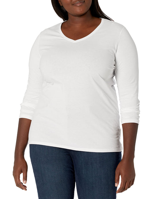 JUST MY SIZE womens Just My Size Women's Plus Size Vneck Long Sleeve Tee Shirt, White, 2X US