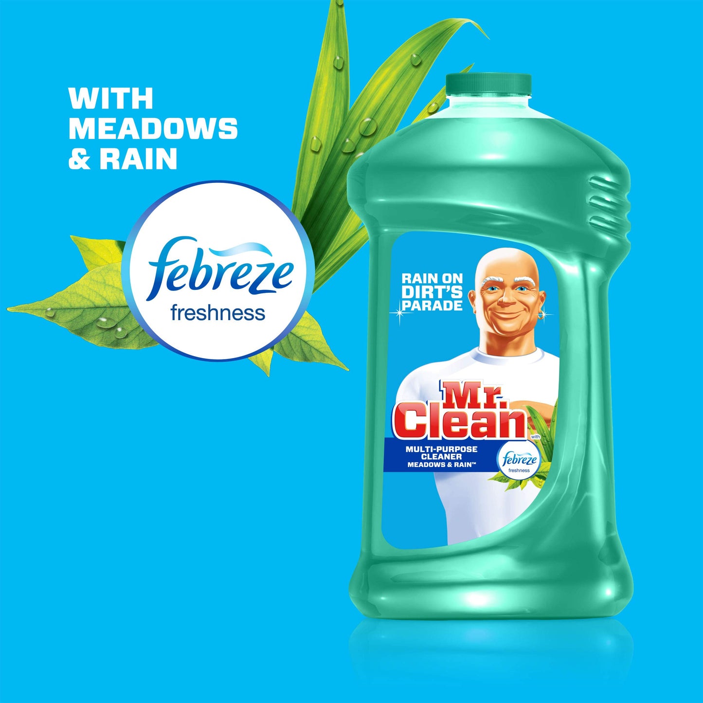 Mr. Clean Liquid All Purpose Multi-Surface Cleaner | Meadows and Rain with Febreze Freshness - 45 Ounce Each Bottle (Pack of 4) (Total 180 fl oz)