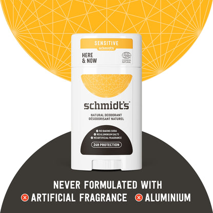 Schmidt's Aluminum Free Natural Deodorant for Women and Men, Here + Now for Sensitive Skin with 24 Hour Odor Protection, Certified Cruelty Free, Vegan Deodorant,3.25 Ounce (Pack of 3)