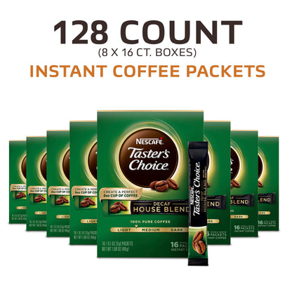 NESCAFE Taster's Choice, Decaf House Blend Light Medium Roast Instant Coffee, 8 boxes (128 packets)