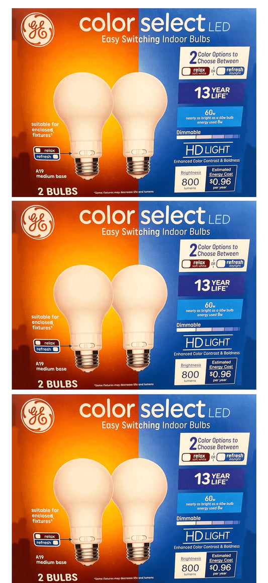 GE (case of 6 Bulbs) Color Select LED Indoor LED Light Bulbs, A19, Relax or Refresh, 2 Color Options on Each Bulb, HD Light, Dimmable, 800 Lumens, 60 watt replacment Unique colorselect LED Light Bulb