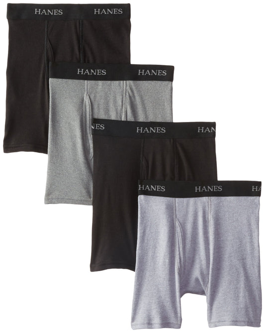 Hanes Boys' 4 Pack Ultimate Comfort Flex Black and Grey Dyed Boxer Brief, Assorted, Medium