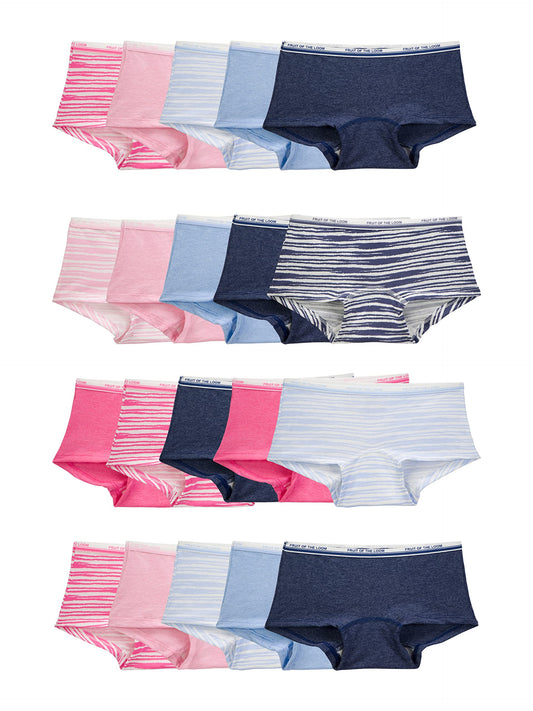 Fruit of the Loom Girls' Cotton Boyshort Underwear, 20 Pack-Fashion Assorted, 6