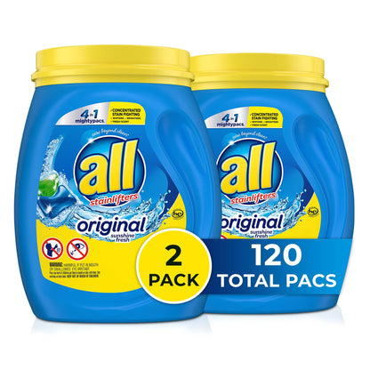 all Mighty Pacs Laundry Detergent, 4 in 1 Stainlifter, Tub, 60 Count, Pack of 2, 120 Total Loads