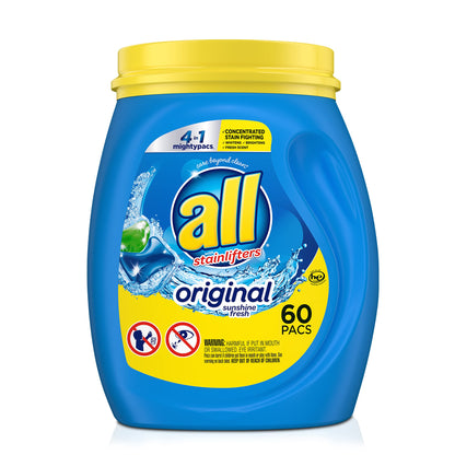 All with Stainlifters Original Mighty Pacs Laundry Detergent Pacs, 4 in 1 Stainlifters, One Tub, 60 Count