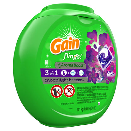 Gain flings! Laundry Detergent Soap Pods, High Efficiency (HE), Moonlight Breeze Scent, 81 Count - Packaging May Vary