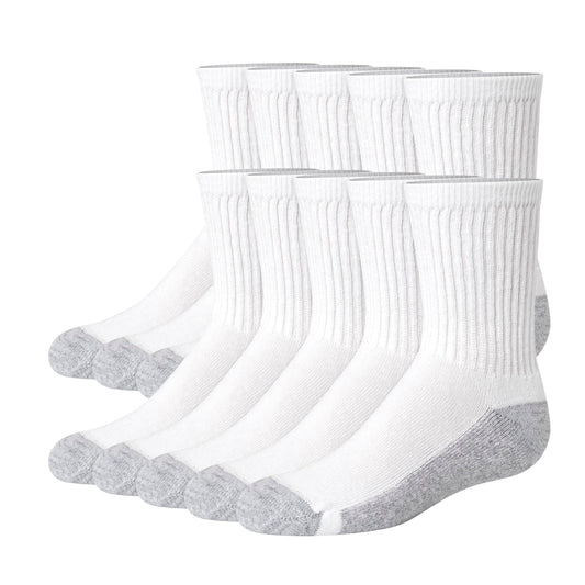 Hanes Boys' Big Uniform Crew, Moisture-Wicking Socks, Cushioned Foot Bottoms, 10-Pairs, White-12 Pack, Medium