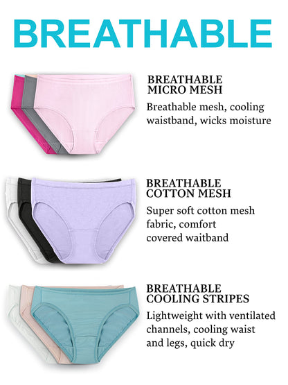Fruit Of The Loom Womens Breathable Underwear, Moisture Wicking Keeps You Cool & Comfortable, Available In Plus Size Briefs, Micro Mesh - Low Rise Brief - 6 Pack - Colors May Vary, 10 US