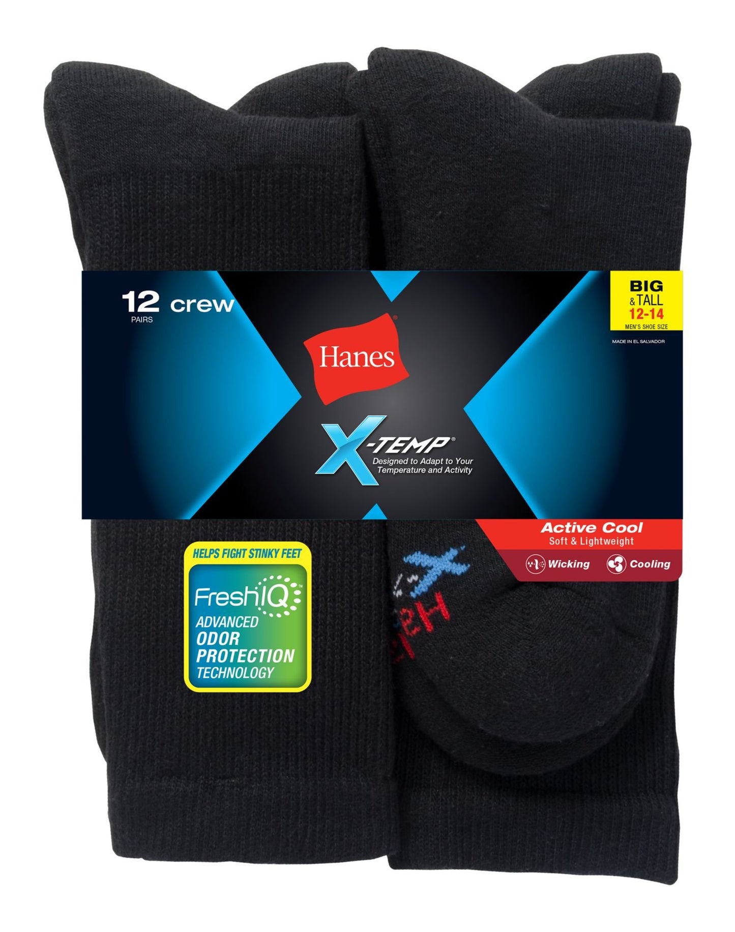 Hanes Men's FreshIQ X-Temp Active Cool Big and Tall Crew Socks 12-Pack