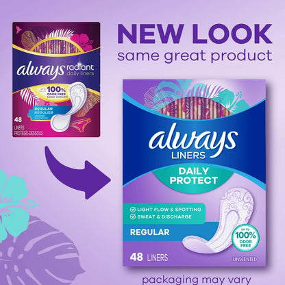 Always Radiant Pantyliners, Regular, Unscented, 48 Count, 2 Pack. (Includes 96 Pantiliners Total.)