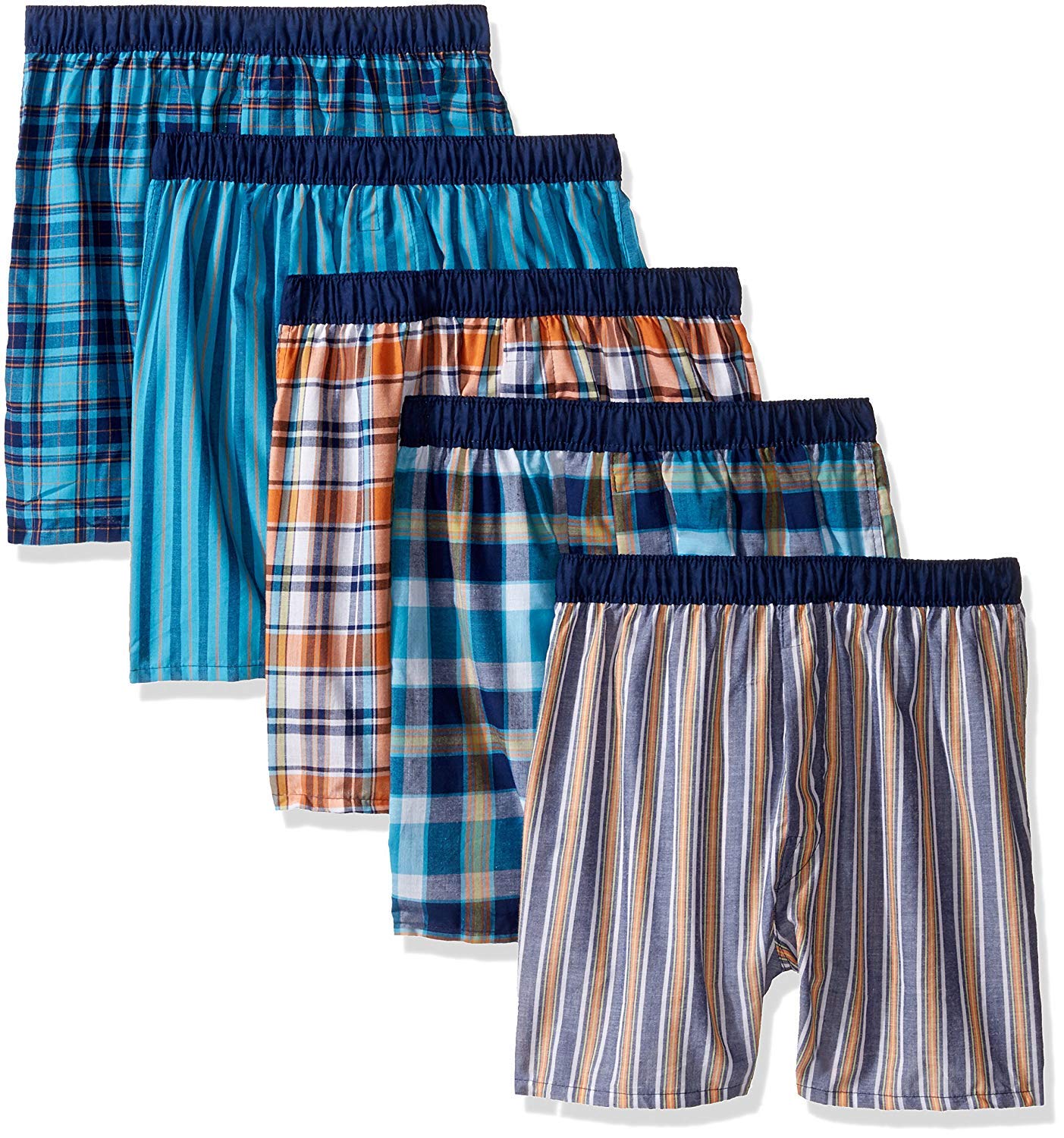 Fruit of the Loom Boys' Woven Boxer, Exposed and Covered Waistband (Pack of 5) (Tartan Plaids, Large)