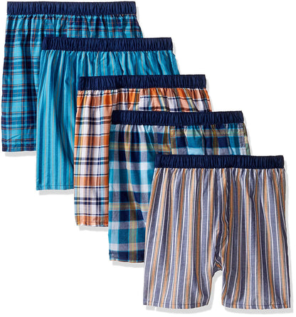 Fruit of the Loom Boys' Woven Boxer, Exposed and Covered Waistband (Pack of 5) (Tartan Plaids, Large)