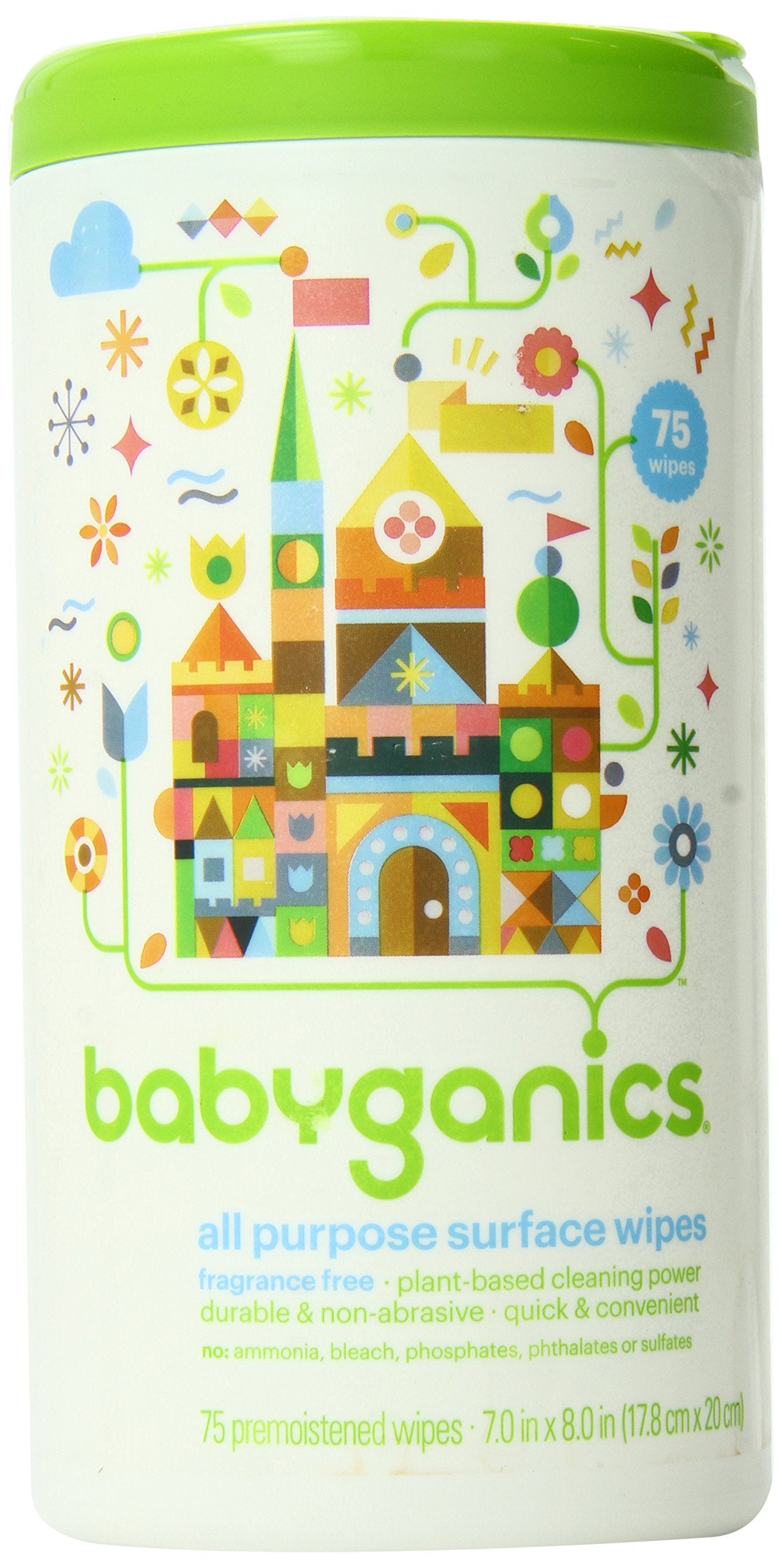 BabyGanics All-Purpose Surface Wipes, Unscented, 75 Count (Pack of 6)