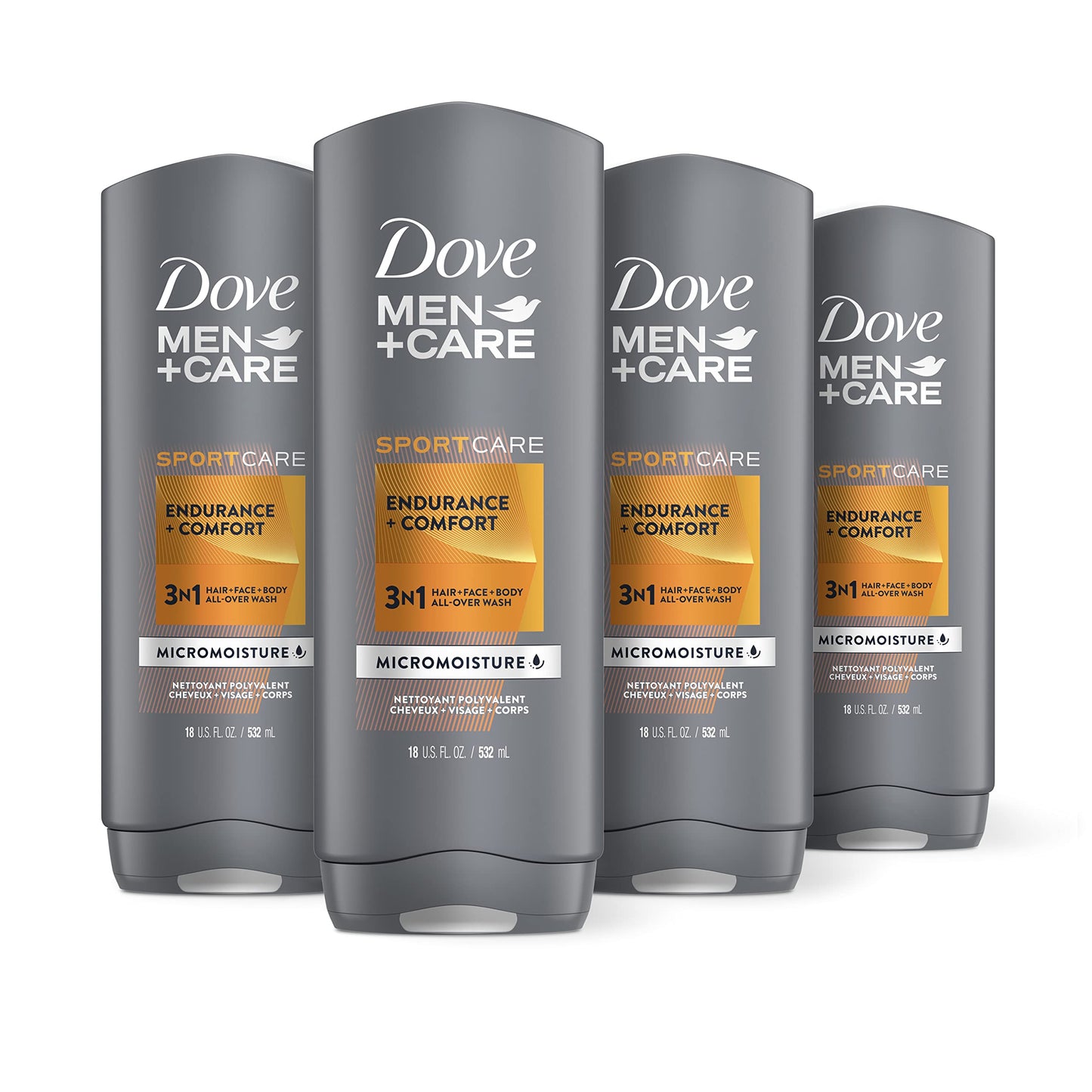 Dove Men+Care SportCare Body Wash and Face Wash For Energized, Clean Skin Endurance + Comfort Cleanser That Effectively Washes Away Bacteria While Nourishing Your Skin, 18 FL Oz (Pack of 4)